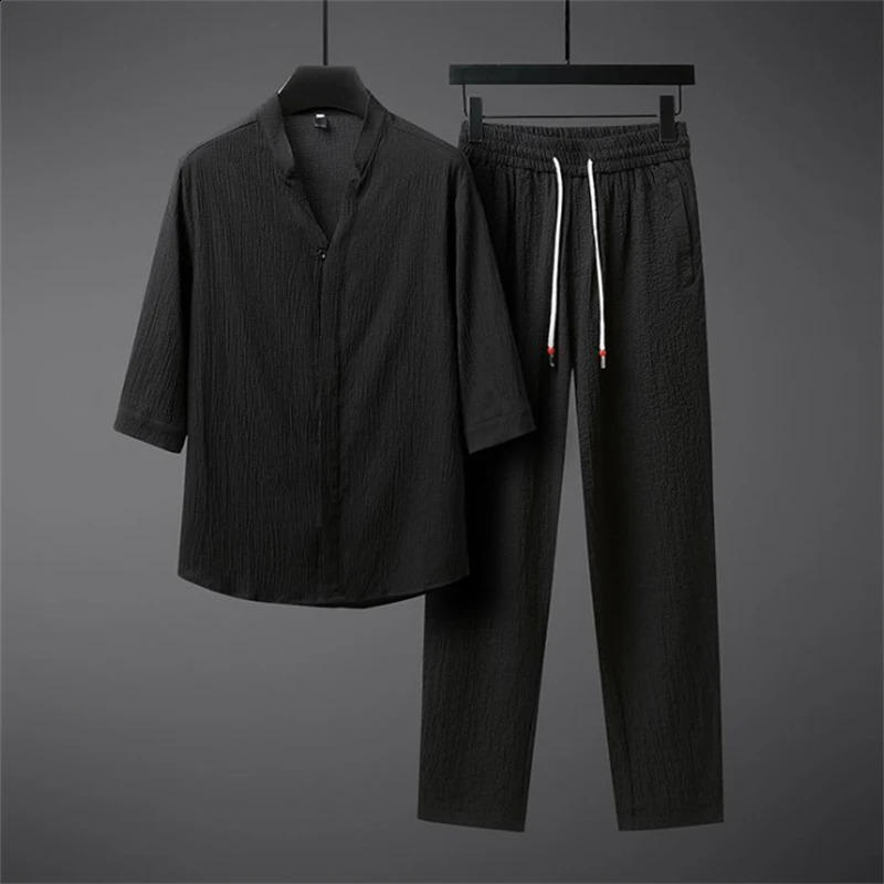 Ice silk linen mens springsummer loose floral top and elastic waist Trouser sportswear twopiece set 240812