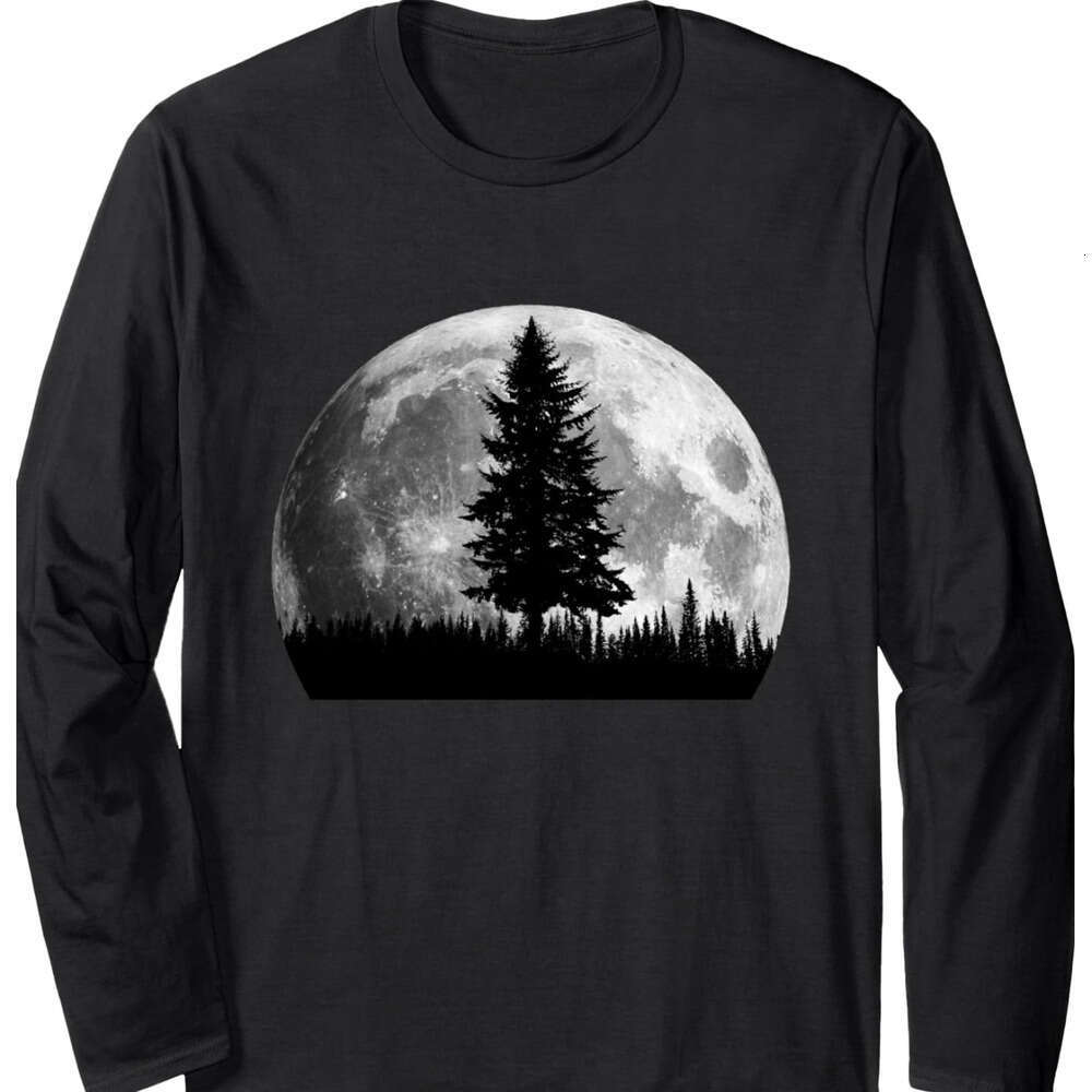 Long Sleeve Shirts for Men sweatshirt Retro Full Moon Minimalist Pine Tree Vintage Graphic Long Sleeve Tee Streetwear Casual tops clothes
