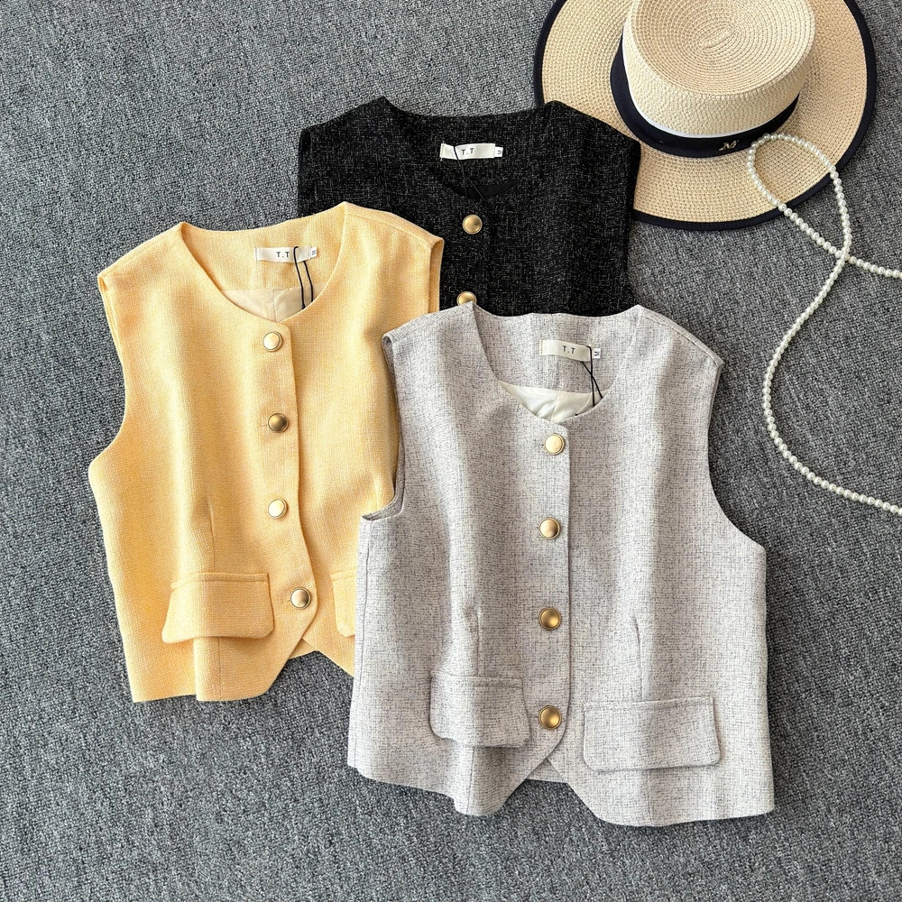 Chic Short Sleeve Coat Top Tweed Short Jacket For Women Vintage Small Fragrant Vest small gold buckle Outwear 240812