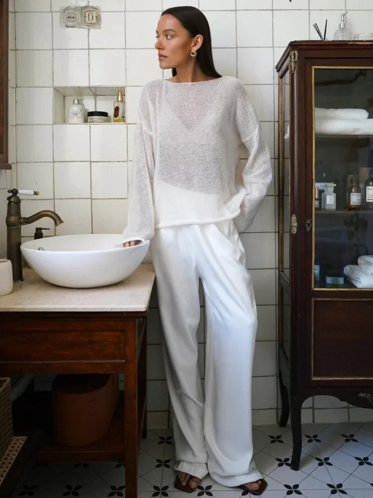 Elegant Knitted Hollow Floral Womens Loose Oneck Long Sleeve See Through Jumper Summer Y2k Fashion Beach Sweater 240812