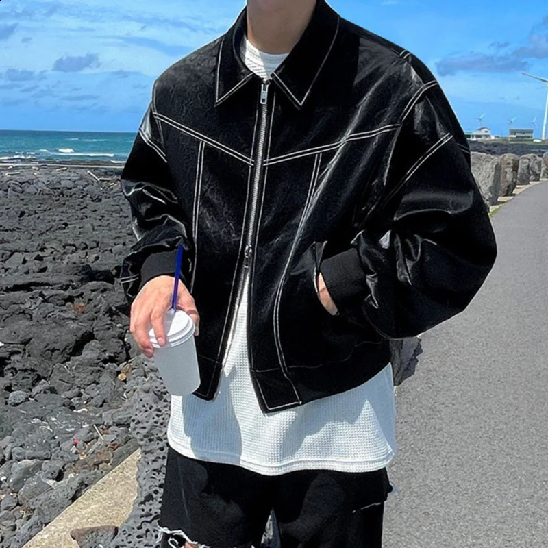 IEFB Pu Leather Jacket Trend Mens Autumn Work Clothes Style Short Coat High end Street Clothing Long Sleeve Collar Cardigan 9C1117 240812