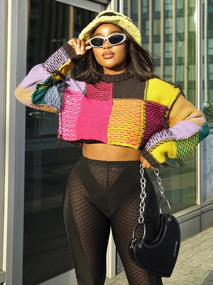 Weird Puss Knit Women Sweater Pullover Autumn Y2K Colorful Casual Fashion Patchwork o-Neck Casual Wild Streetwear Basic Tees 240813