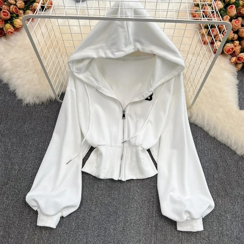 High Waist Short Street Style Womens Spring Autumn Hoodie Fashion Slim Solid Color Zipper Jackets Female Sweatshirts Top 240812