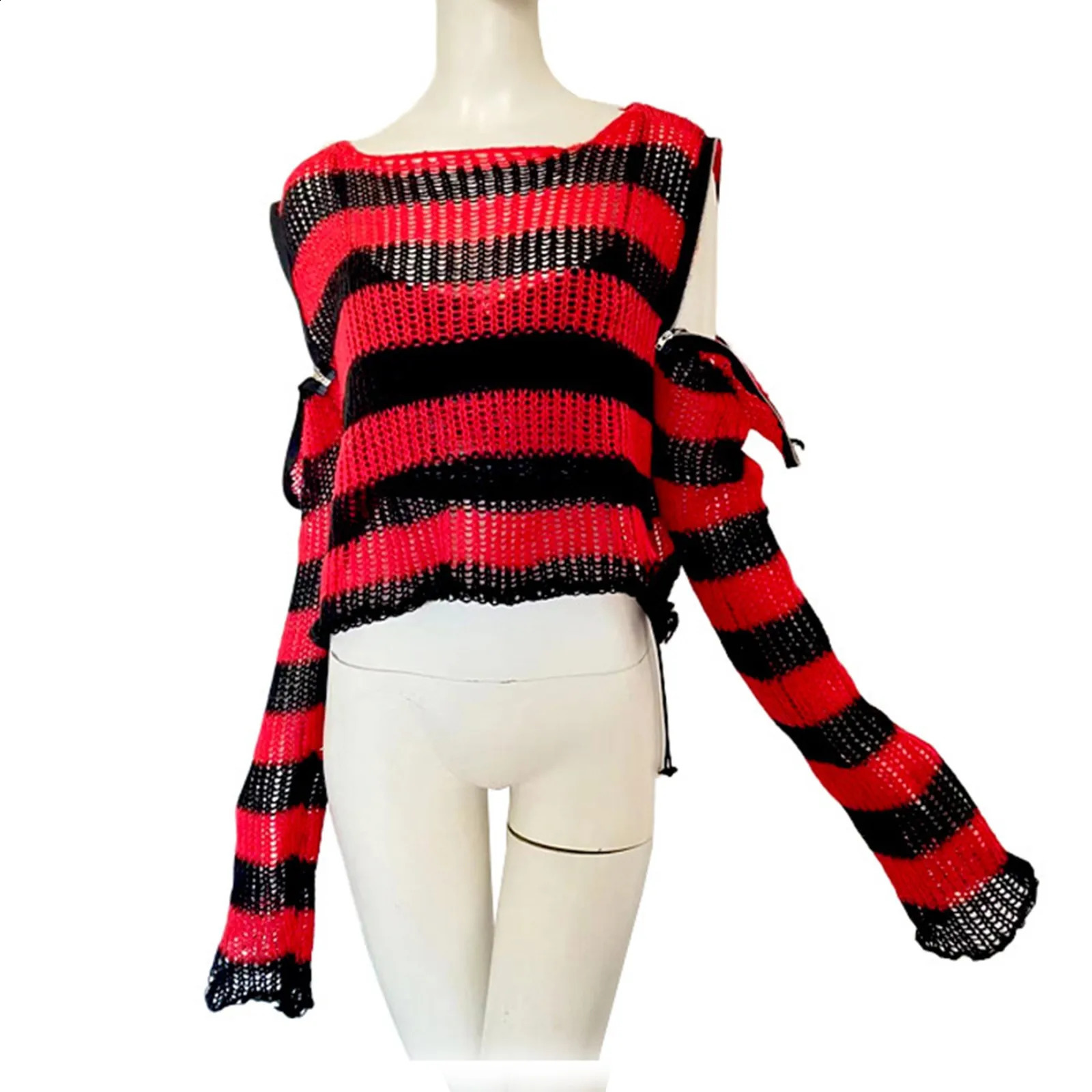 Women Gothic Tops Hollow Out Off Shoulder See-Through Sexy Sweater Punk Zipper Up Halloween Clothes Cool Girls O-Neck Pullover 240812
