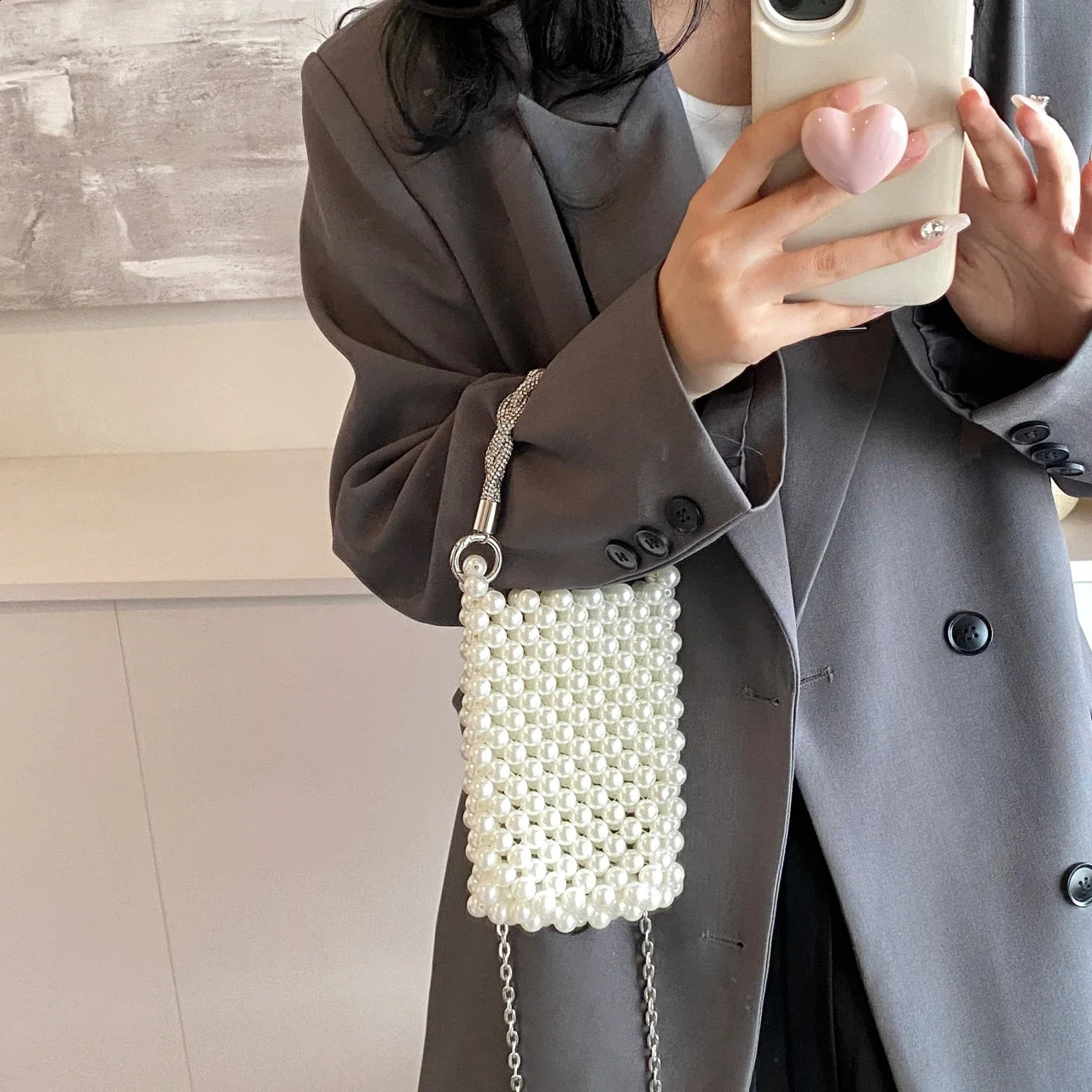 Handle s Evening Clutch Bag Silver Party Wedding Purse Pearl Handbag 2024 Summer Handmade Beading Crossbody Phone 240812