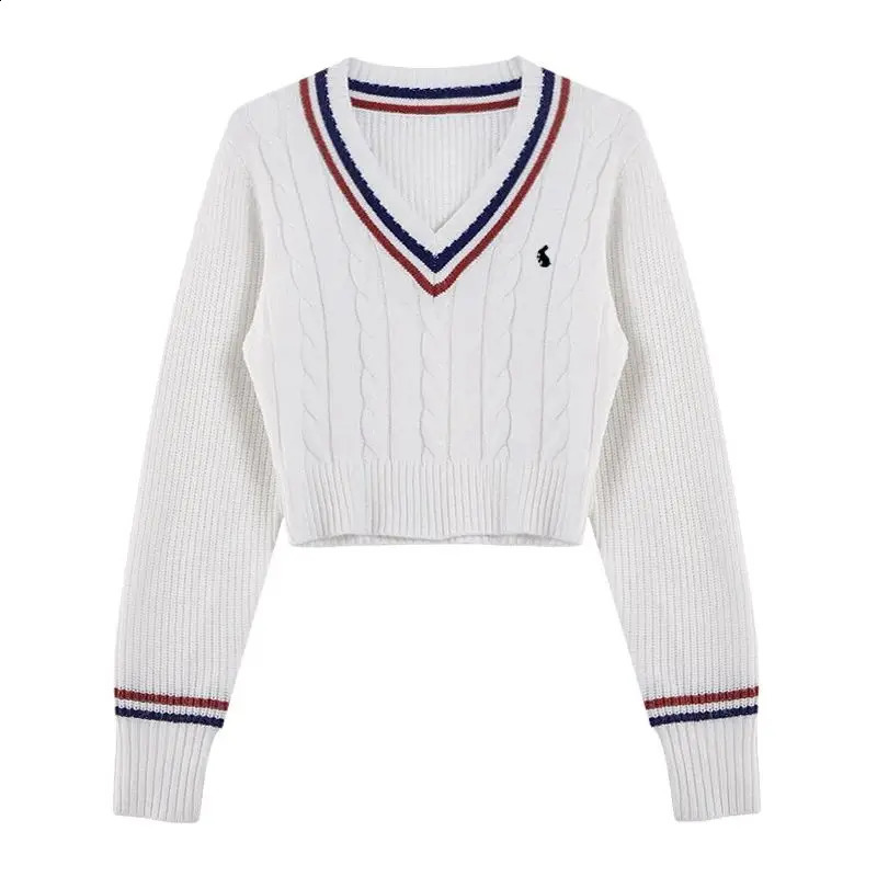 HOUZHOU Korean Vintage Sweaters Autumn Old Money Style Women V-neck Embroidery Knitted Top Winter Preppy Long Sleeve Pullovers 240812