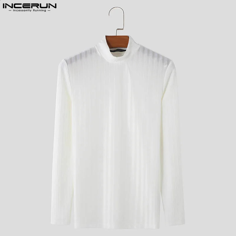 INCERUN Men T Shirt Striped Mesh Patchwork Turtleneck Long Sleeve Men Clothing Streetwear See Through Fashion Camsietas 240812