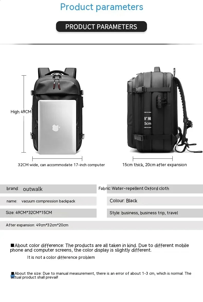 Womens 19 inch laptop backpack vacuum compression travel business large capacity school expansion outdoor bag 240813