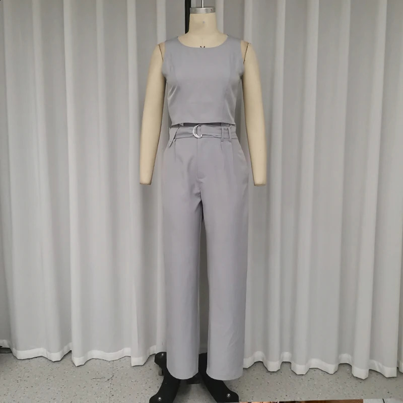LIYONG Women Two Piece Set Fashion Casual Summer Solid Round Neck Sleeveless Tank Top With Pockets Loose Wide Legs Pants Sets 240813