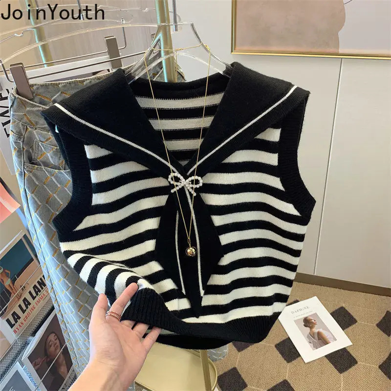 Sweet Korean Sweater Vest Women Chic Sailor Collar Sleeve Striped Tops Preppy Style Bow Sleeveless Knitted Cachemira Mujer 240812