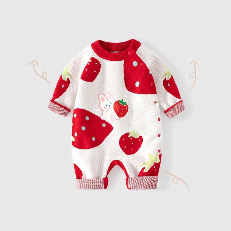 Newborn girls tight fitting clothes spring and autumn side button patches thick baby girls jumpsuit cartoon strawberry cute baby girls jumpsuit W24081