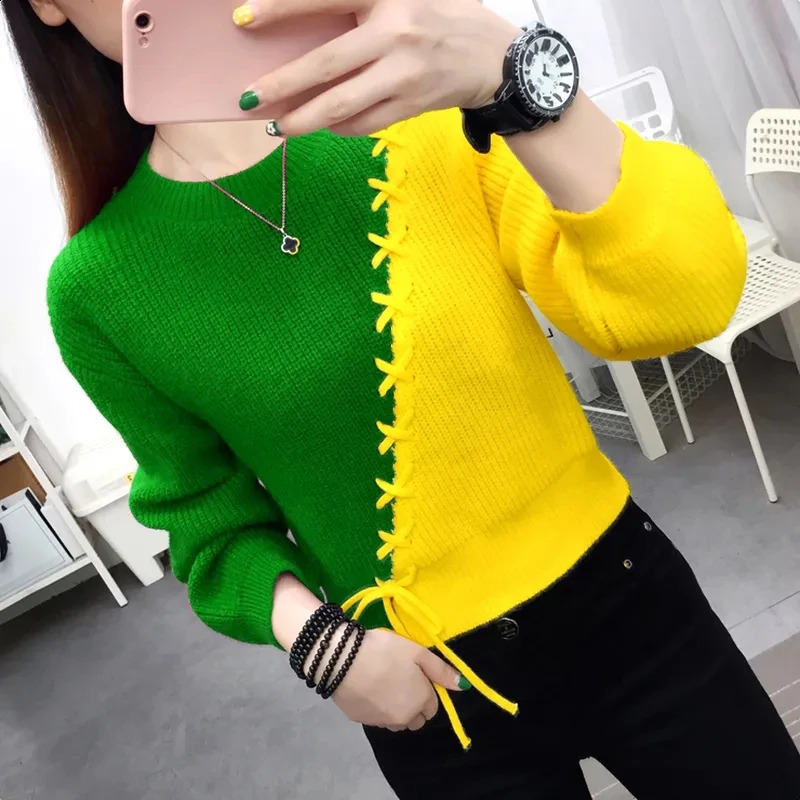 Autumn Winter Women Sweaters Pullover Korean Long Sleeve Lace Up Spliced Round Neck Contrast Color Knit Sweaters Female Tops 240813