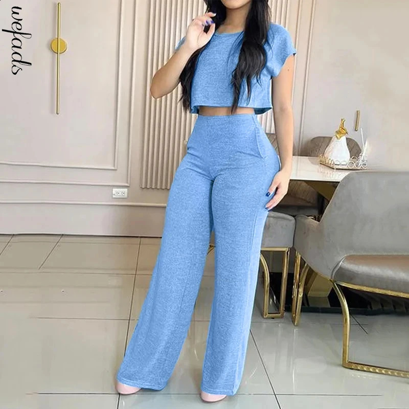 Wefads Women Two Piece Set Summer Fashion Round Neck Solid Short Sleeve Bare Waist Top Loose Pants With Pocket High Streetwear 240813
