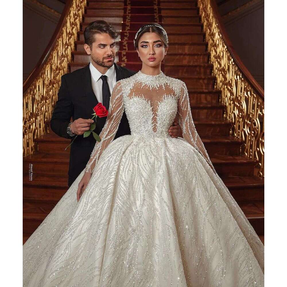 Ball Dreamy Gown Wedding Dresses High Neck Beading Crystals Lace Bridal Gowns Sweep Train Big Custom Size Colour
