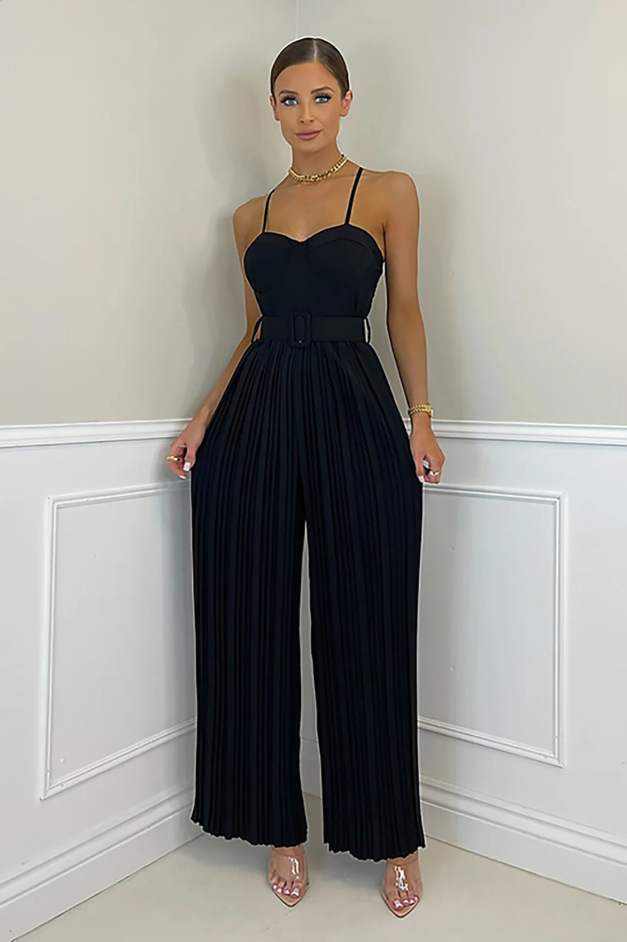 Summer Casual Suspenders Long Jumpsuit Women Sexy Fashion Solid Sleeveless Sashes Pleated Wide Leg Jumpsuit Orange Female 240813