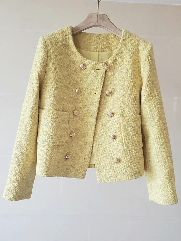 UCXQ Korean Style O Neck Double Breasted Coarse Tweed Short Jacket Elegant Yellow All Match Coat Women Spring Autumn 3A7801 240812