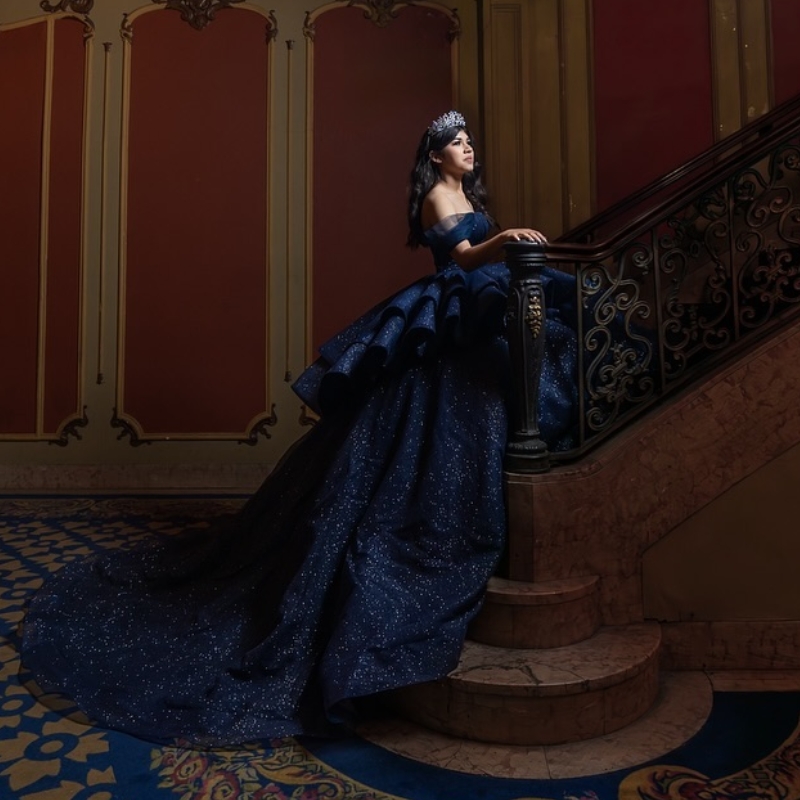Sparkly Princess Navy Blue Off Shoulder Quinceanera Dresses Ball Gown 2025 Sweetheart Beads Crystal Sweet 16 Vestidos De 15 Anos