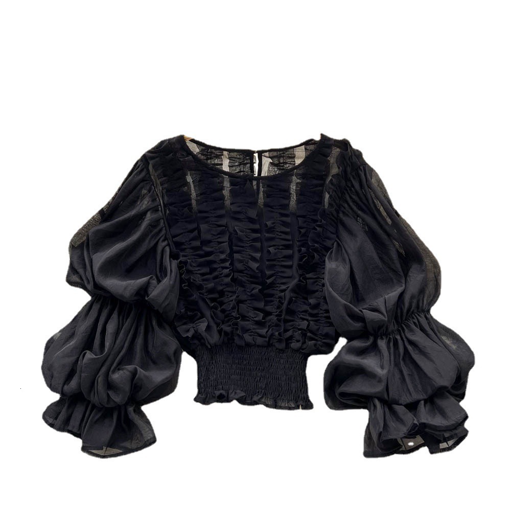 Wind fungus lace design shirt French niche lantern sleeve temperament slim fit short blouse