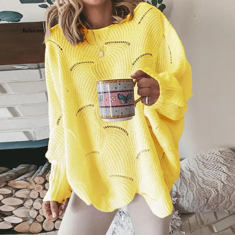 Women Hollow Out Sweater Elegant Spring Autumn Loose S Knitted Pullovers Female Winter Casual o Neck Solid Color Sweaters 240813