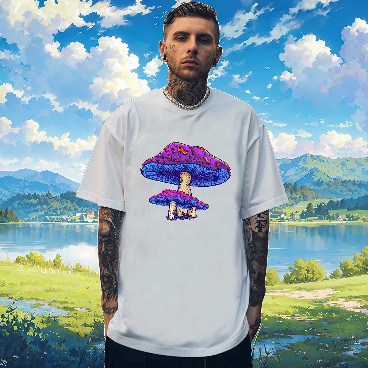 T Shirts Men 230g 100% Cotton mushroom Anime Printing Street Breathable Short Sleeve Custom Cartoon Tshirts New Free Shipping Top Tees