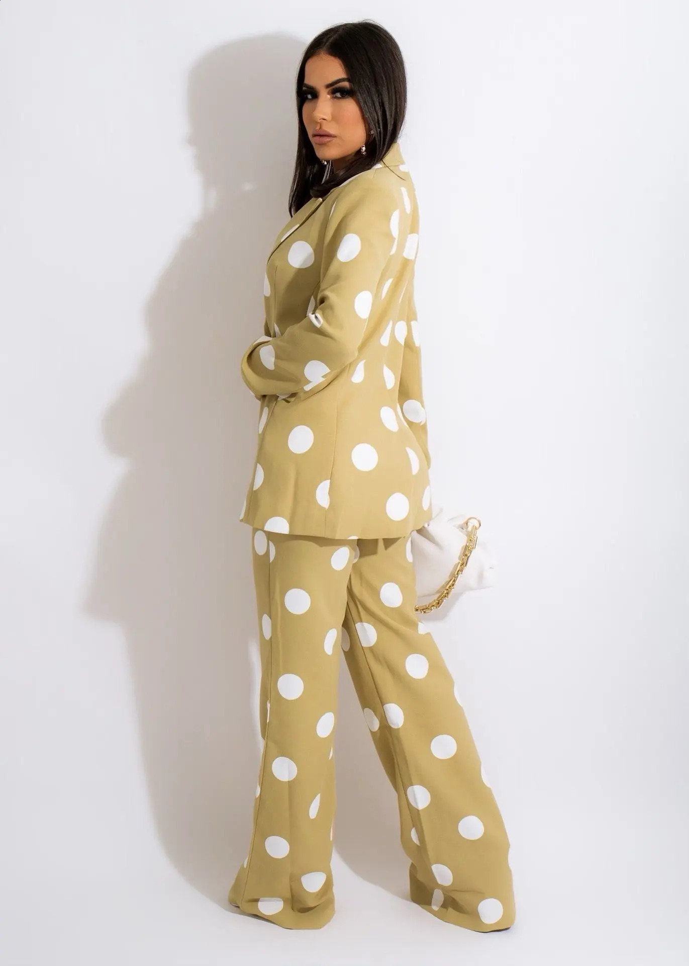Office Lady Pant Sets Polka Dots Single Button V Neck Blazer Suit Spring Wide Leg Trousers Overalls Two Piece Set for Women 240813