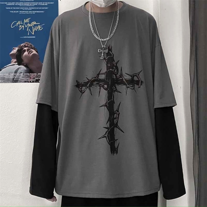 Y2k T-Shirt Mens Casual Printed Cross Long Sleeve T-Shirt Fashion Anime Harajuku Streetwear Hip Hop Versatile Loose Tee Tops 240812