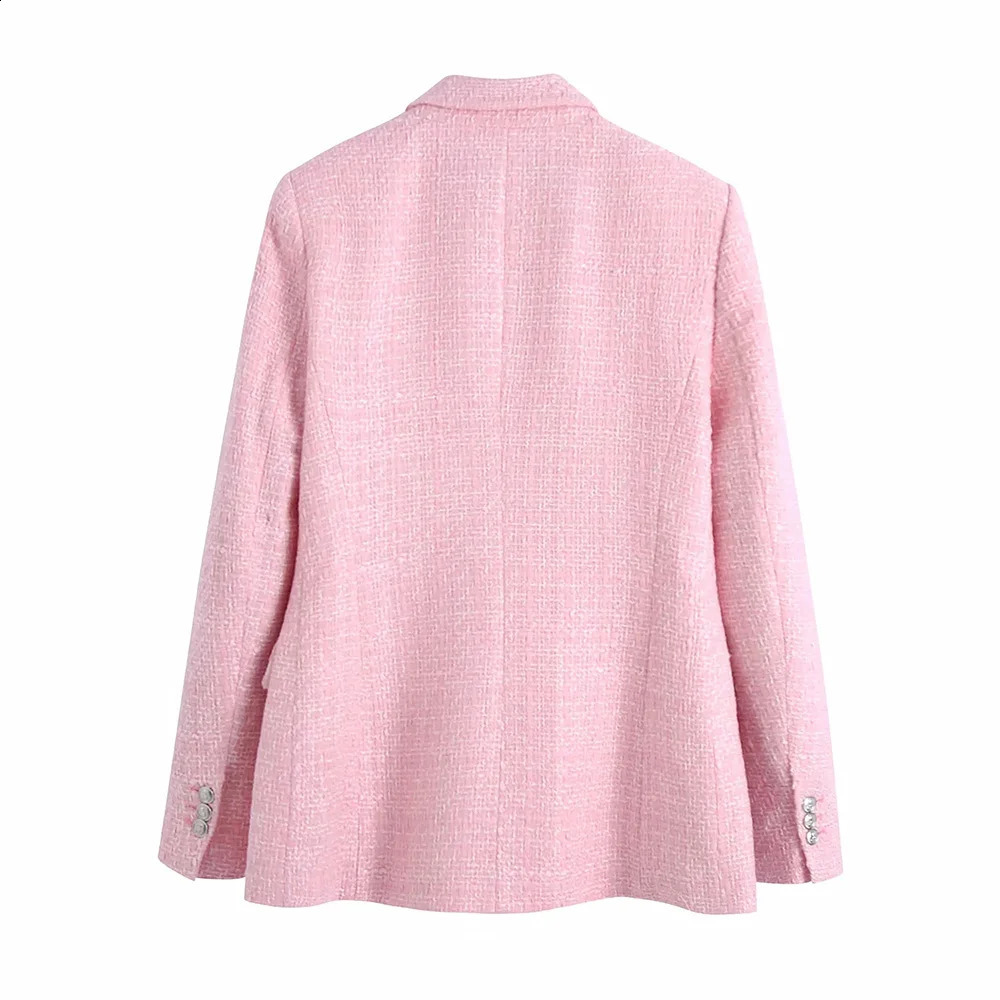 XEASY Womens Two Piece Pink Coarse Felt Retro Office Double Chest Sweatshirt Ultra Thin High Waist Culottes Tight Set 240812