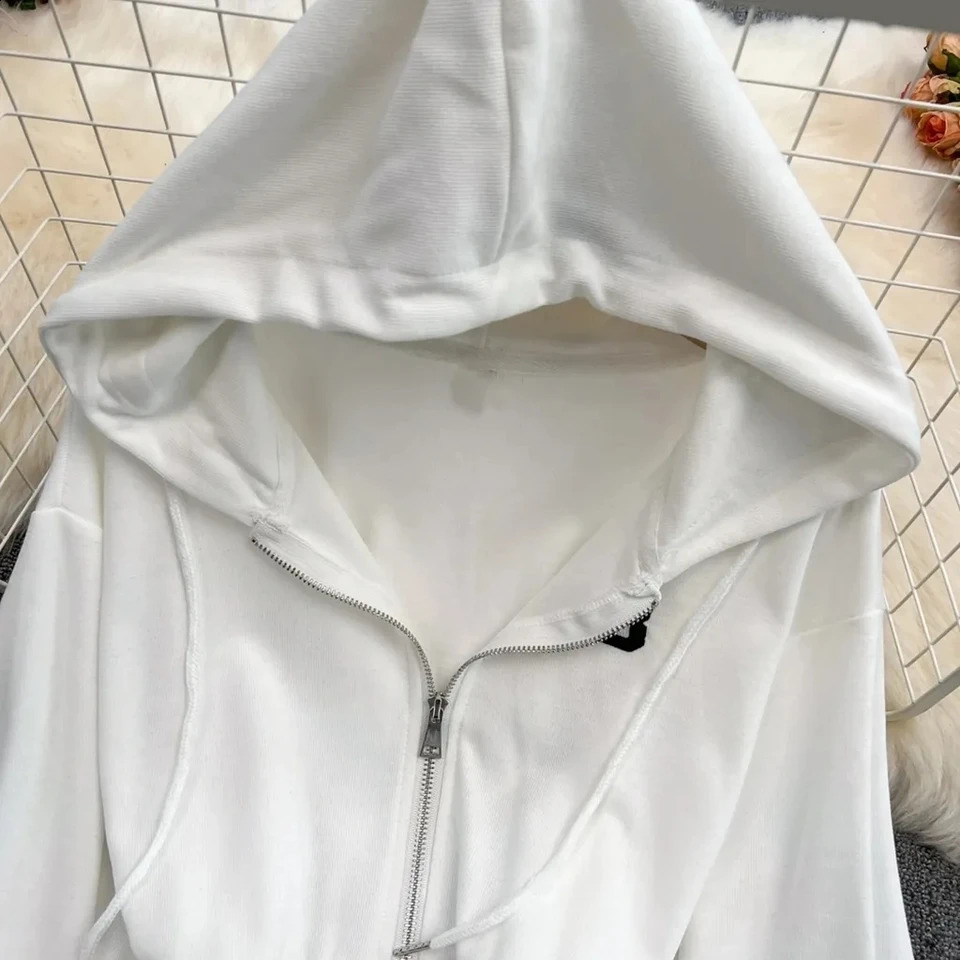 High Waist Short Street Style Womens Spring Autumn Hoodie Fashion Slim Solid Color Zipper Jackets Female Sweatshirts Top 240812