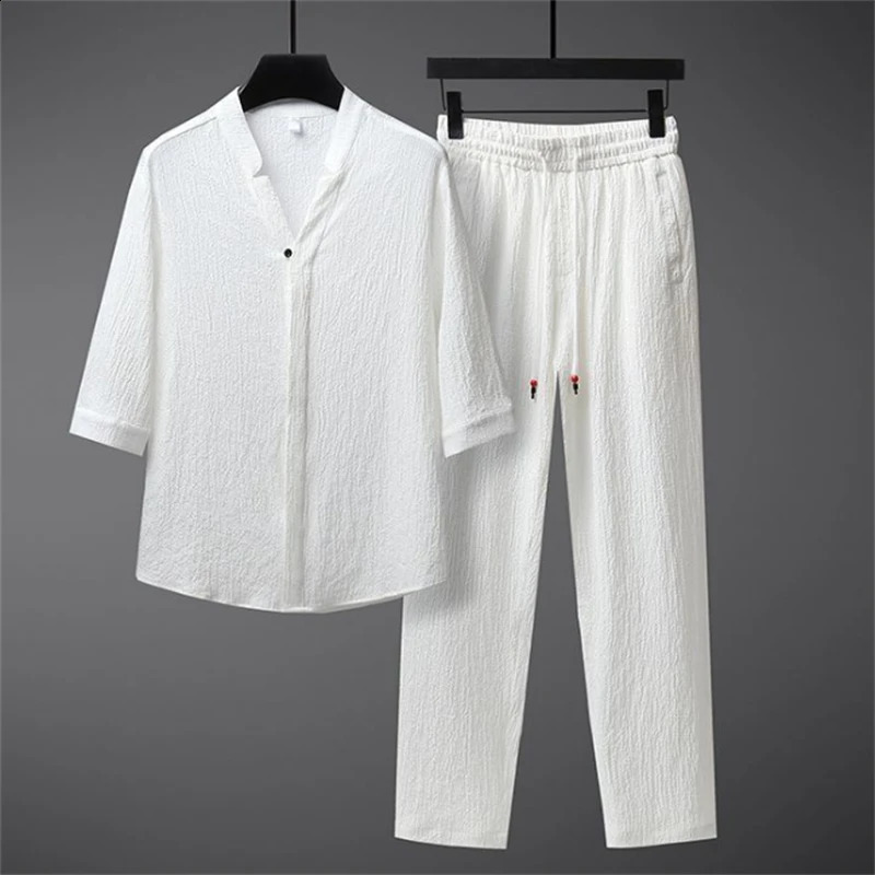 Ice silk linen mens springsummer loose floral top and elastic waist Trouser sportswear twopiece set 240812