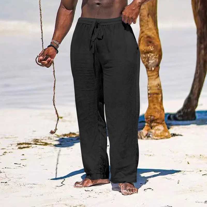 Mens Cotton Linen Pants Casual Loose Straight Pants Lightweight Drawstring Beach Trousers Mens TrousersXJ240813