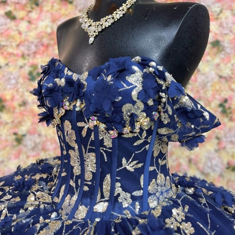 Sparkly Navy Blue Princess Off Shoulder Quinceanera Dresses Sweetheart Gold Lace Applique Tull Sweet 16 Ball Gown Vestidos De 15 Anos
