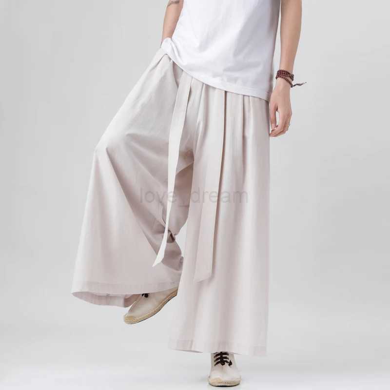 Chinese Style Linen Cotton Retro Pants Man Summer Kimono Solid Color Traditional Pants Male Streetwear Casual Wide-Leg TrousersXJ240813