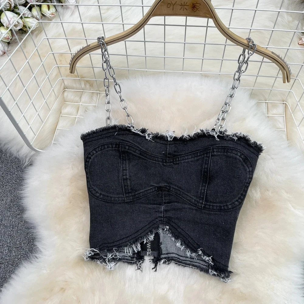 Amolapha Women Sleeveless Chain Suspender Strap Tops High Waist Split Half Skirt Denim Two Pieces Suits 240812