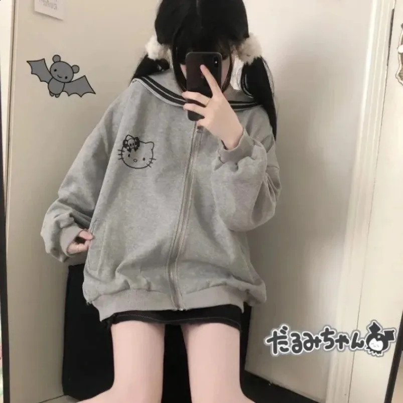 Harajuku Kawaii Zip Up Hoodie Women Sailor Collar Japanese Style Cute Sweatshirts Oversize Lolita Girly Anime Print Jacket 240812