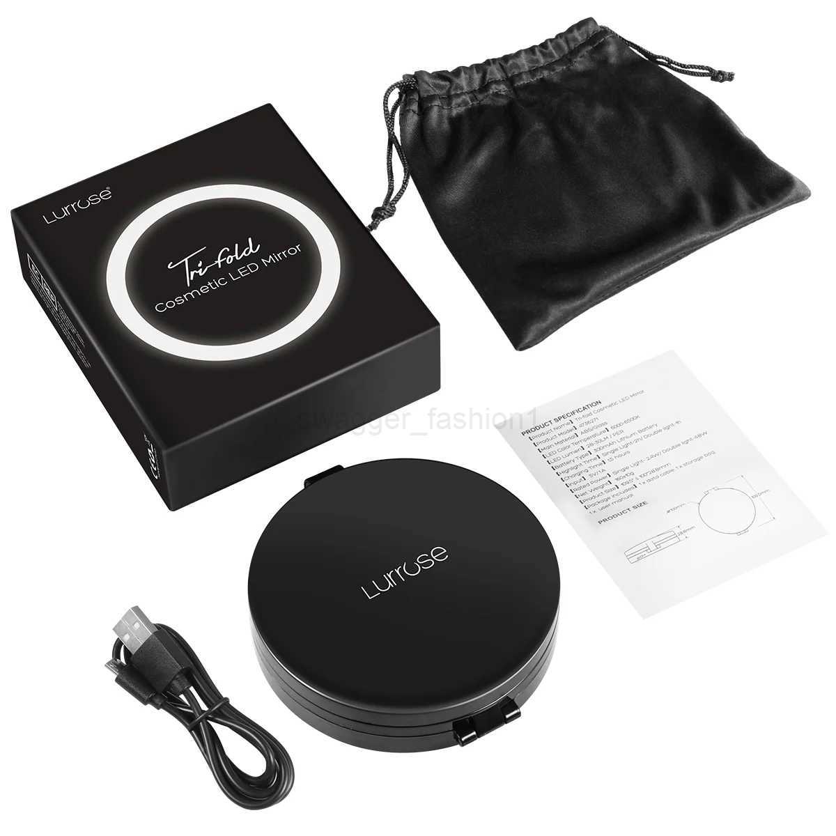 LED Mirror Travel Make up Mini Mirrors Black Magnifying Round Tri-foldXJ240813