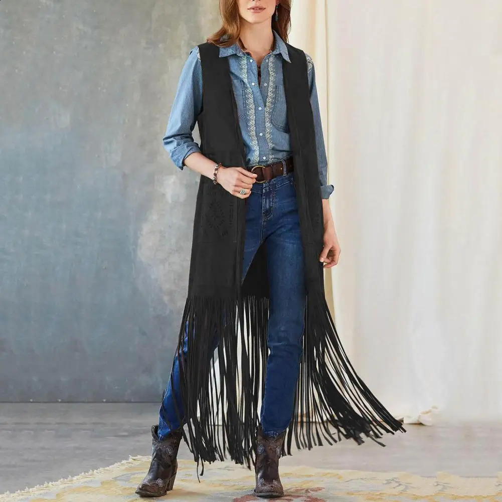 Women Vest Fringe Long Tassel Open Front Sleeveless Loose 70s Cardigan Solid Color Patch Pocket Cowboy Cosplay Waistcoat 240813