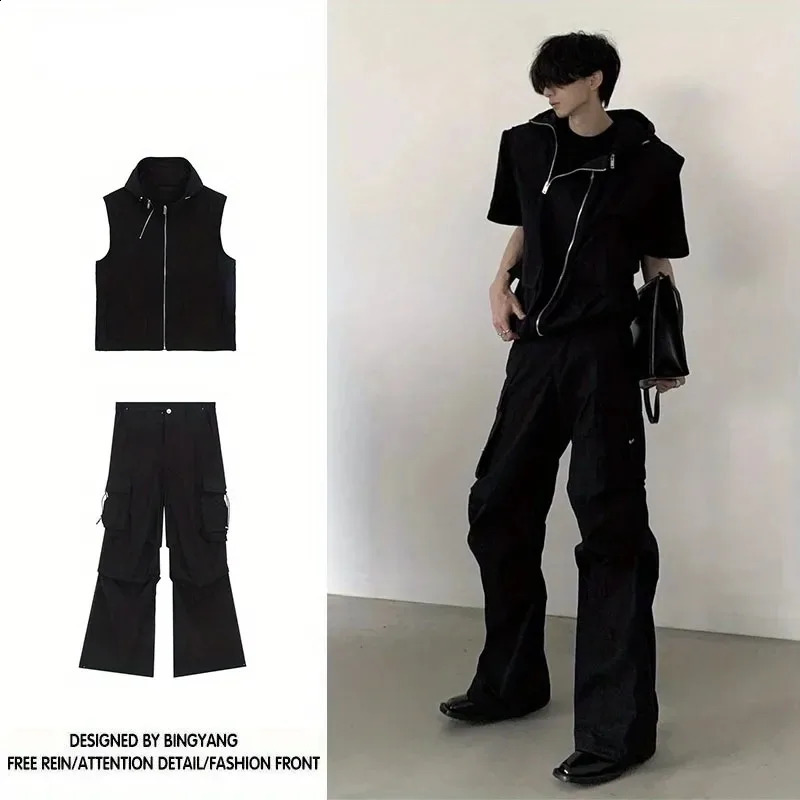 Summer Sleeveless Set Men Women Multi-Pocket Hooded Vest jogging Cargo Pant Spring Loose Casual Zipper Two Piece Suit Street 240813