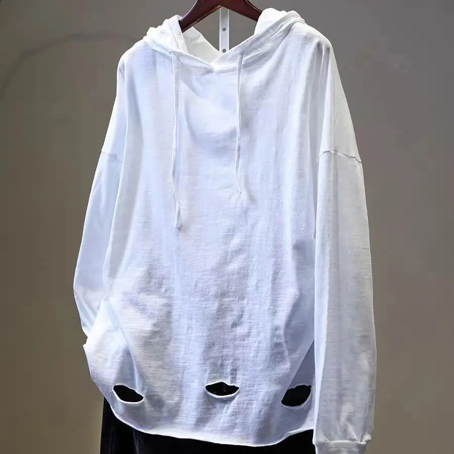 Summer Ripped Hole Men Long Sleeve Hooded Sweatshirts Fashion Simple Personality Casual Literary Loose T Shirts Top Daily Travel 240812