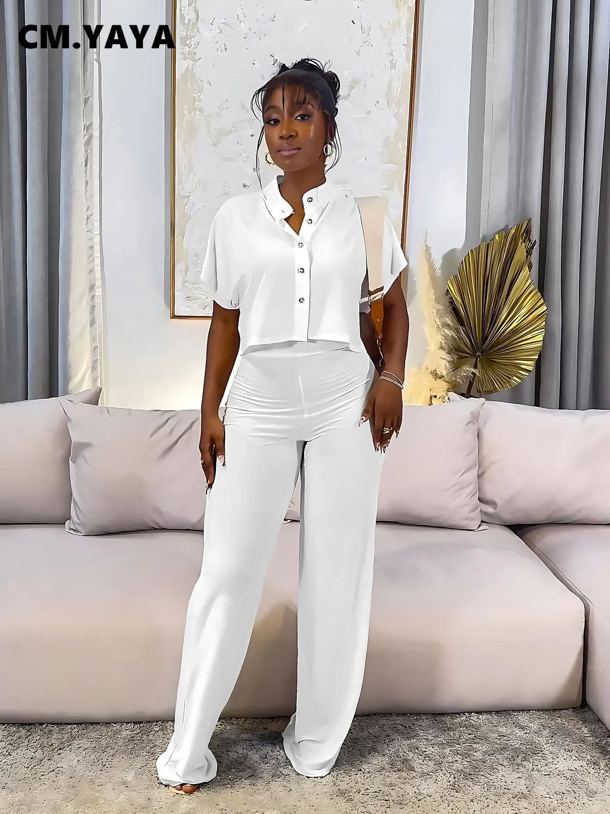 CM.YAYA Street Fashion Womens Set Short Sleeve Shirt and Wide Leg Pants Two 2 Piece Set Outfit Tracksuit 240813