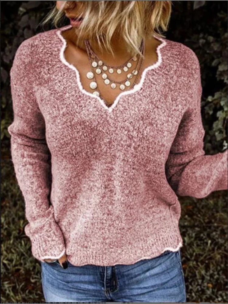 Autumn and Winter Womens Solid Color Sweater Pullover V-Neck Long Sleeve Casual Loose Comfortable Pullover Sweater 240813