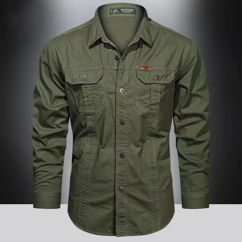 Spring 100% cotton mens long sleeved casual highquality multi pocket military top 240812