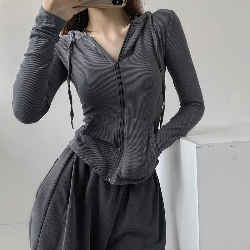 Zipper Hooded Women Solid Gray Long Sleeve Slim Fit Sudaderas Para Mujer Short Zip Up Sweatshirt American Vintage Coats Spring 240812