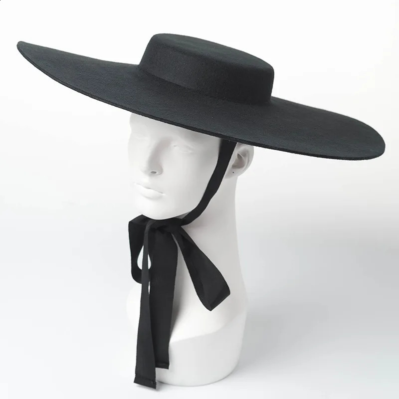 Damai King Wide Big Brim Wool Plain Black Womens Fedora Stage Show Felt Hat Winter Bandage Fashion Outdoor Top 240812
