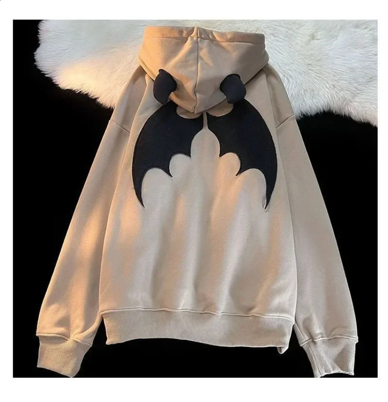 Y2k American Retro Little Devil Horn Hoodies Women Letter Embroidery Zipper Hooded Sweatshirt Harajuku Casual Loose Jacket Coats 240812