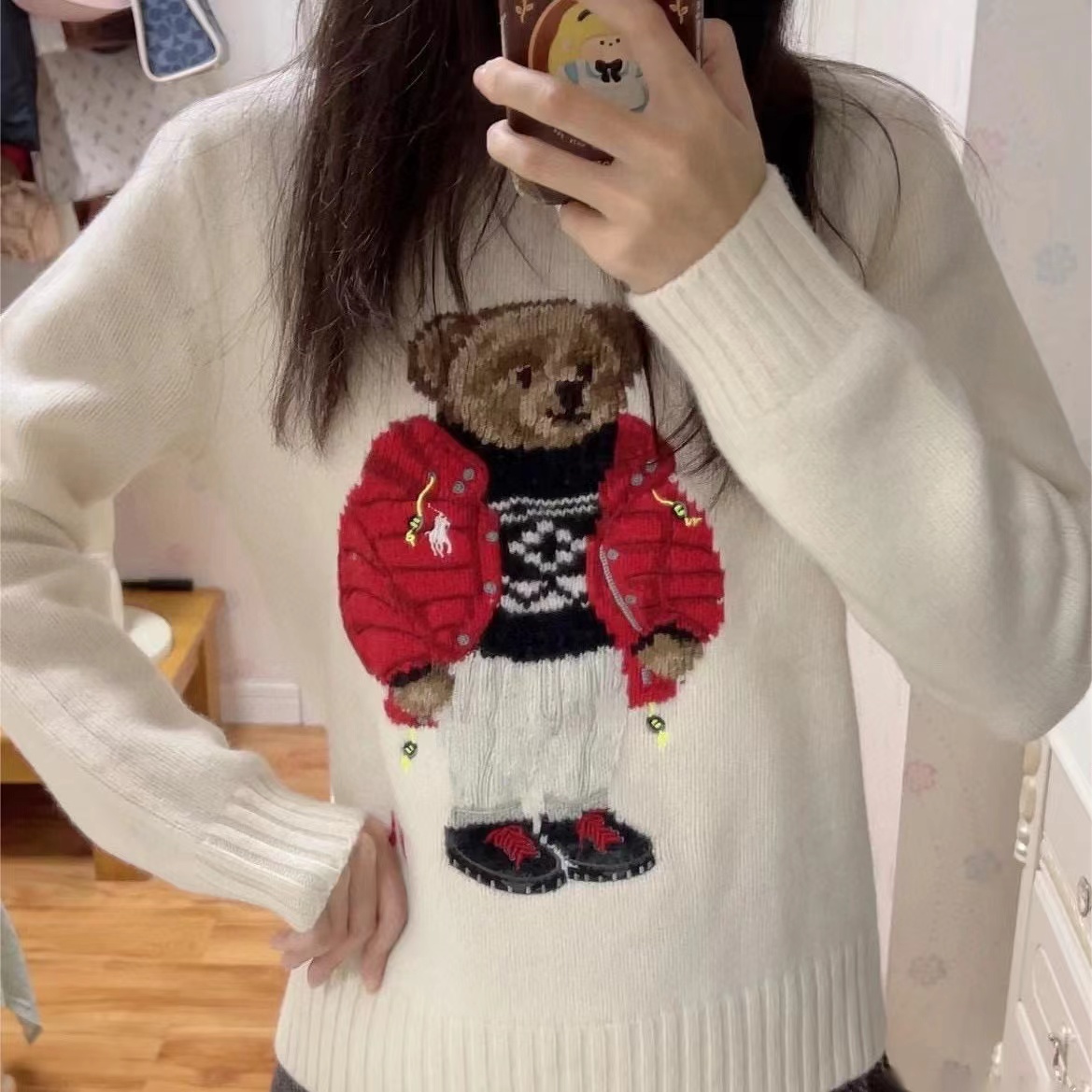 Women bear sweater fashion long sleeve Winter Soft Basic Women Pullover Cotton Bear Pulls high quality sweaters Embroidery Print clothes size s-l famo