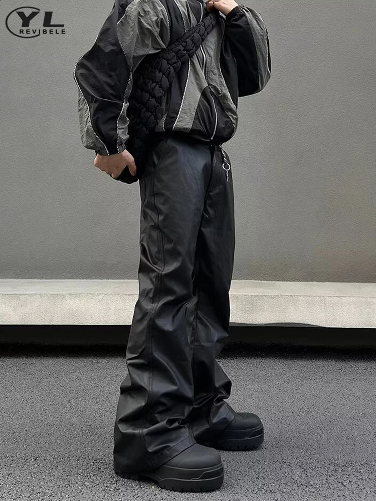 High Street Black Leather Pant Men American Vintage Casual Straight Micro Horn Pants Gothic Functional Loose Trousers Autumn 240812