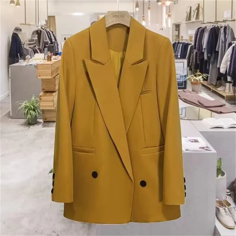 Women Fashion Double Breasted Loose Fitting Blazer Oversized Coat Vintage Long Sleeve Pockets Female Outerwear Chic Veste Femme 240813
