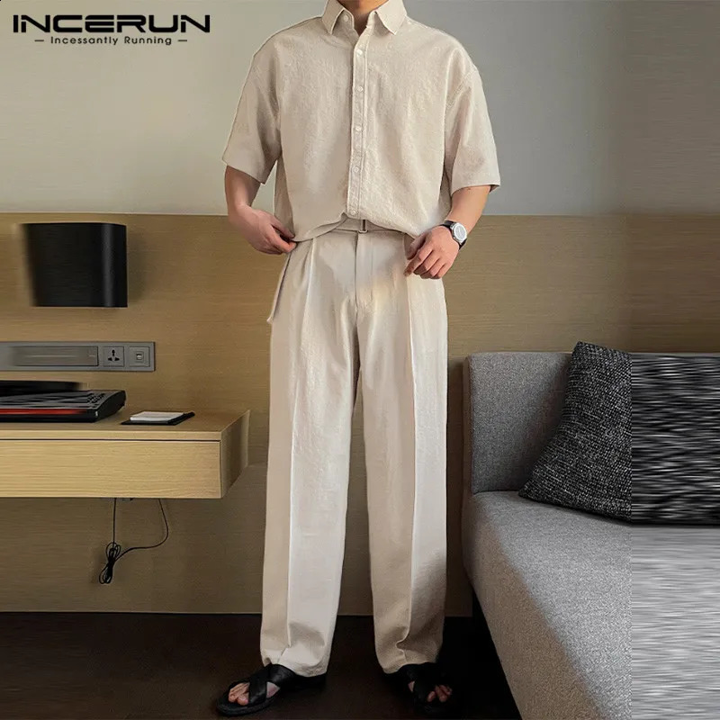Handsome Men Sets INCERUN 2024 Solid Short Sleeved Shirts Long Pants Casual Streetwear Male Selling Two-piece Sets S-5XL 240813