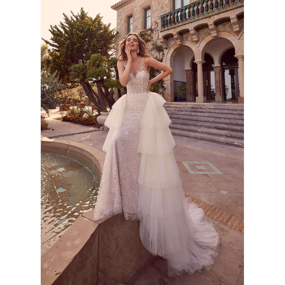 Castle Sheath Gown Wedding Dresses Crystals Lace Sweep Train Bridal Gowns Big Vestidos De Novia Custom Size Colour