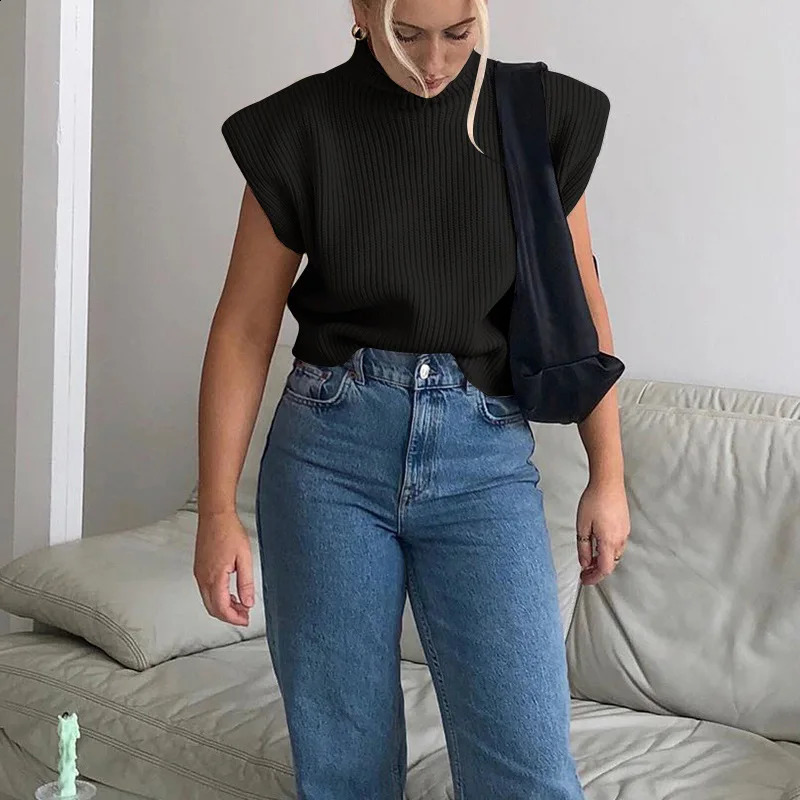 Pull rod womens Hiver elastic navy blue collar sleeveless vest sweater with shoulder pads knitted pull autumn winter skydiving casual top 240812